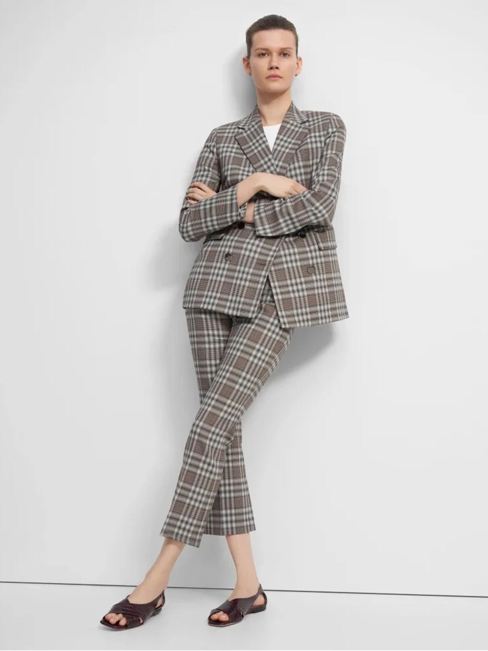 Theory Women's Windowpane Kick Pant in Plaid Casual  Wool Cropped Legs New